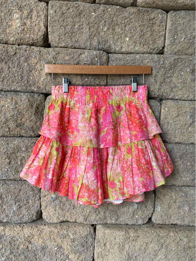 Pink and orange floral tiered mini skirt with ruffled layers and elastic waistband.