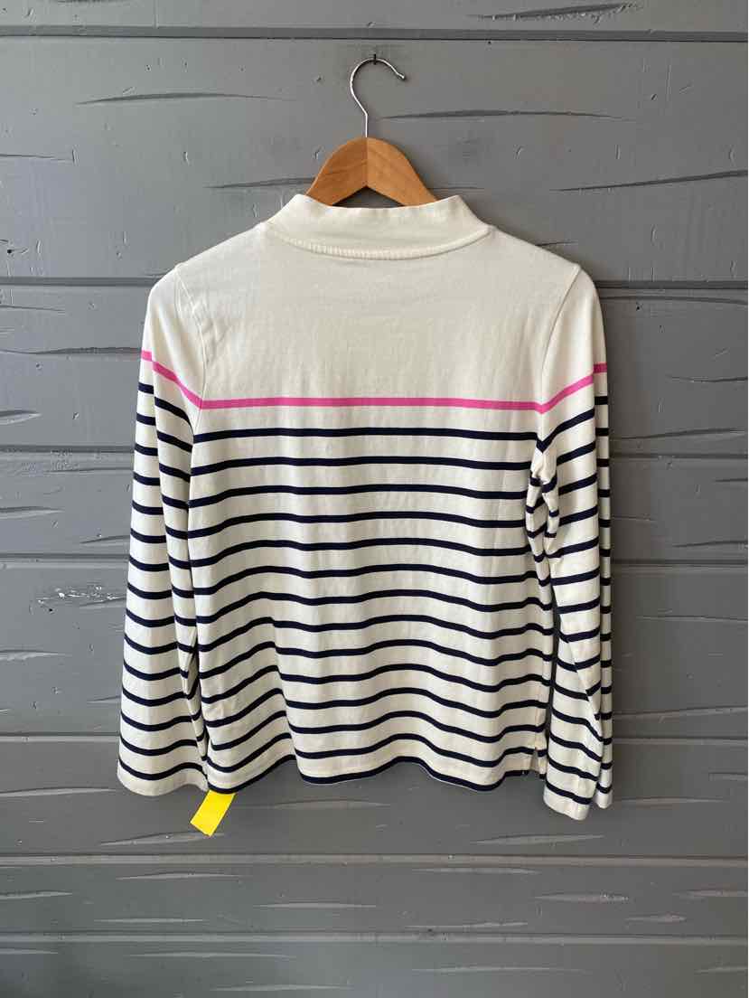 White long-sleeve shirt with black horizontal stripes and a single pink stripe across the chest, made of soft fabric.