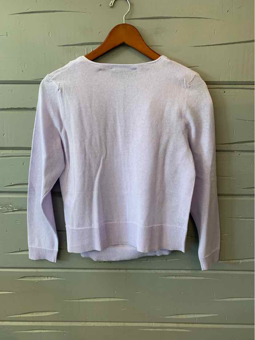 Light lavender long-sleeve knit top with ribbed cuffs and hem, soft fabric, size small.