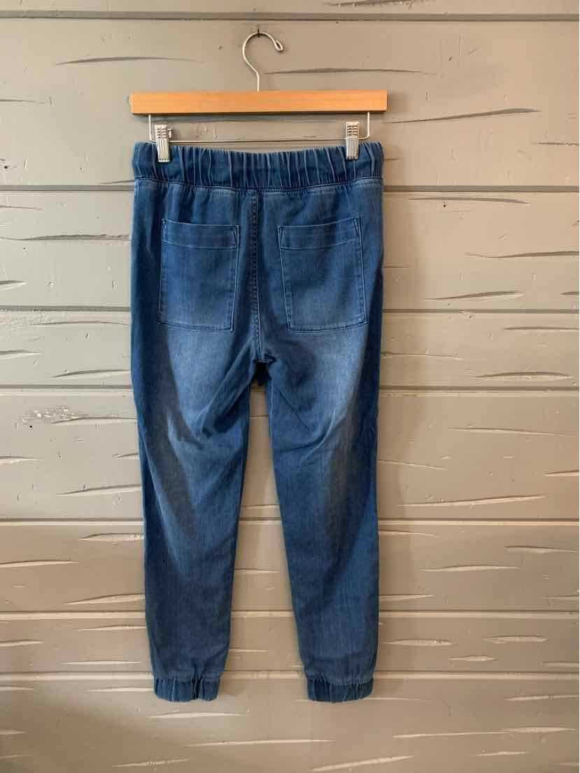Blue denim jogger pants with elastic waistband and cuffs, size XS.