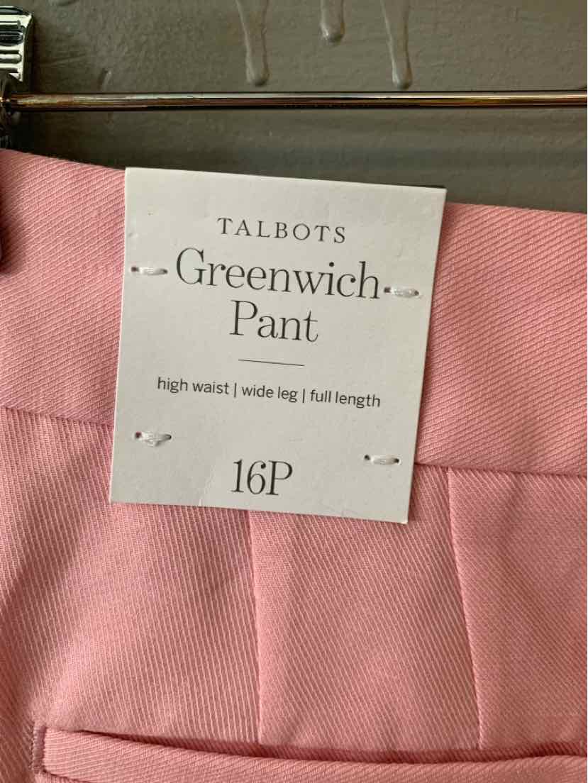 Pink tailored women's pants with flat front, size 16P, woven fabric.