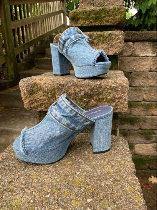 Denim platform mule sandals with thick block heels and open toes, size 6.