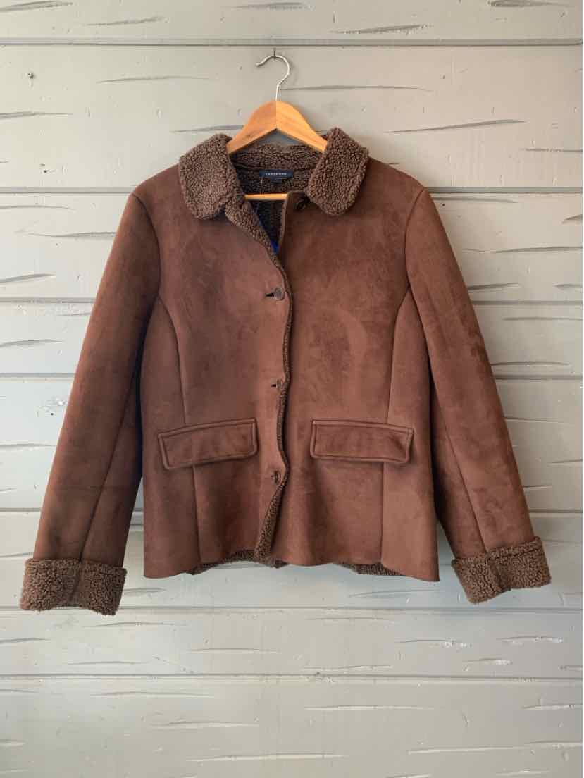Brown Lands’ End faux suede jacket with a collared neckline, button front, and two flap pockets.