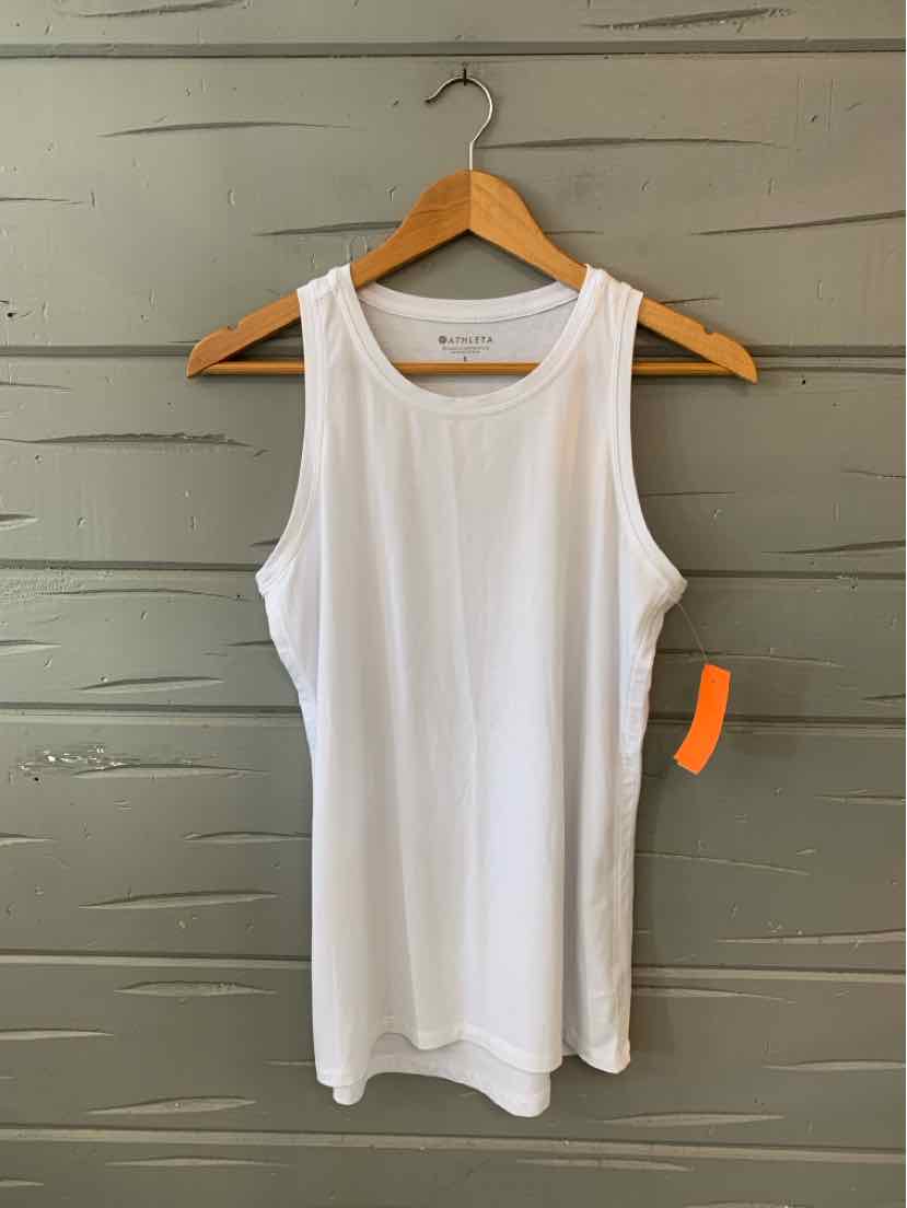 White sleeveless athletic tank top with a round neckline hanging on wooden hanger.