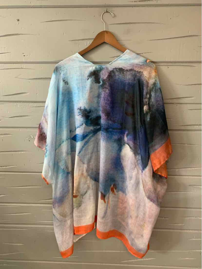 Loose-fitting watercolor print kimono with blue, purple, and orange hues, and wide sleeves.