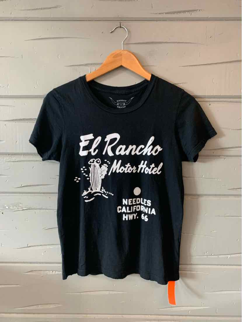 Black crew neck t-shirt with white vintage-style "El Rancho Motor Hotel" graphic and text on front, small size.