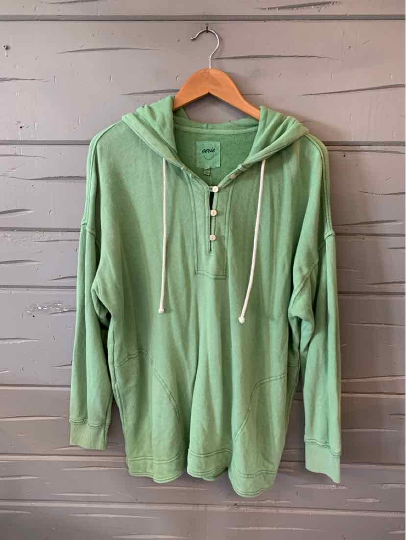 Light green long-sleeve hoodie with front zipper and drawstring hood, soft cotton fabric.