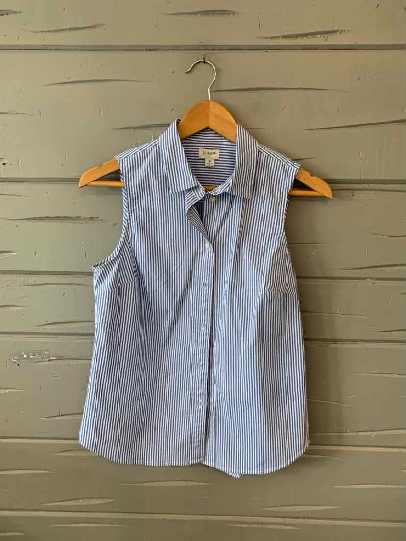 Sleeveless light blue and white striped button-up blouse with collar on wooden hanger.