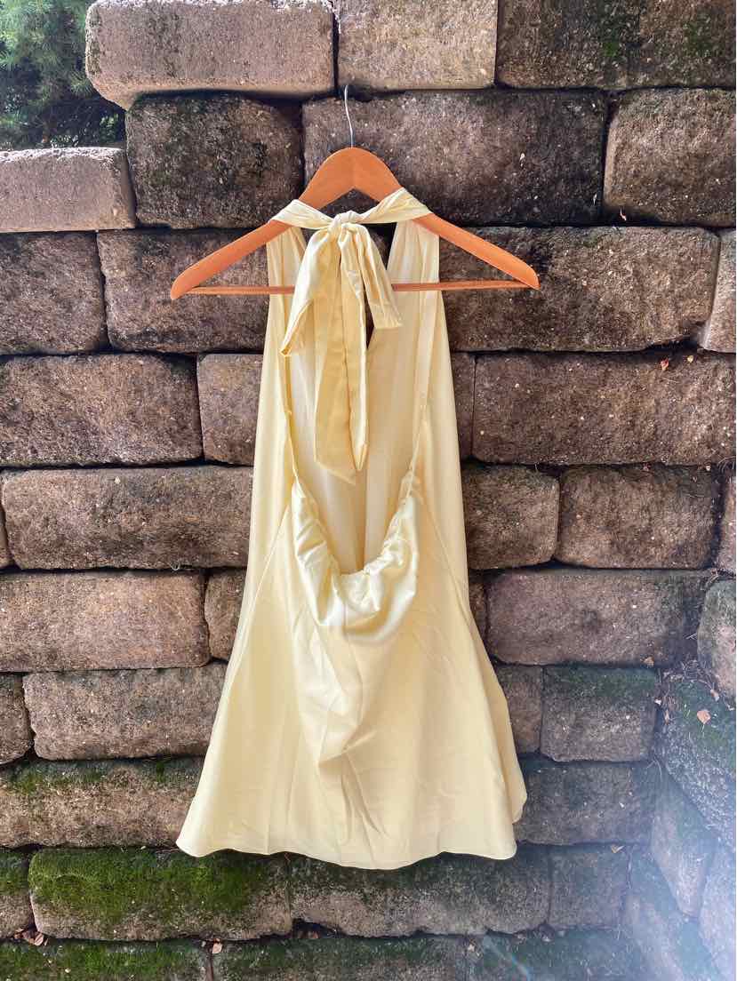 Light yellow sleeveless halter dress with a tie neck and flowy fabric hanging on wood hanger.