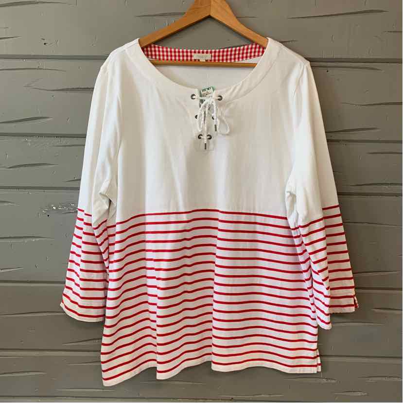 White long-sleeve shirt with red horizontal stripes and lace-up neckline, size 3X.