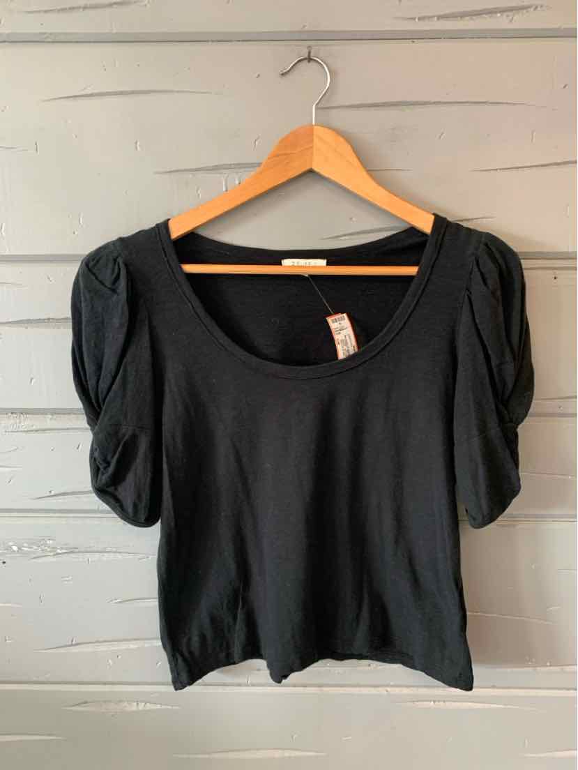 Black short-sleeve scoop neck top with puffed sleeves on wooden hanger.