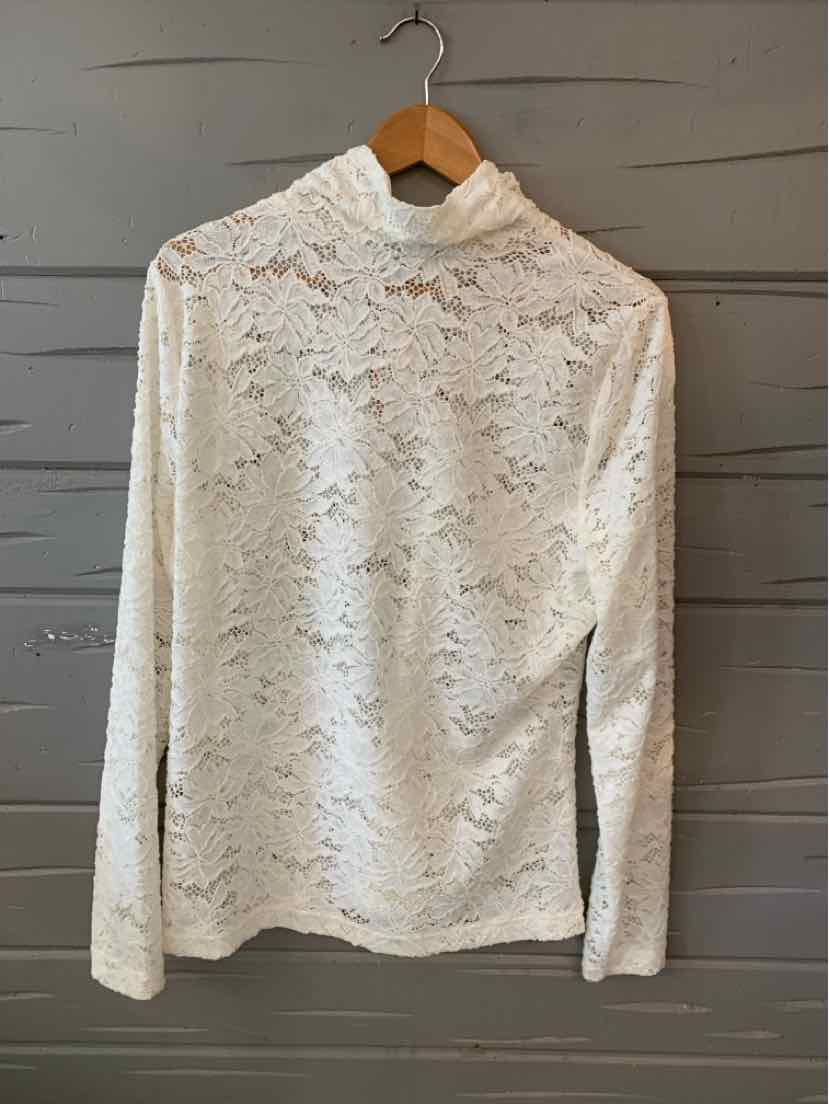 White lace long-sleeve top with mock neck and floral pattern, semi-sheer fabric, size XL.