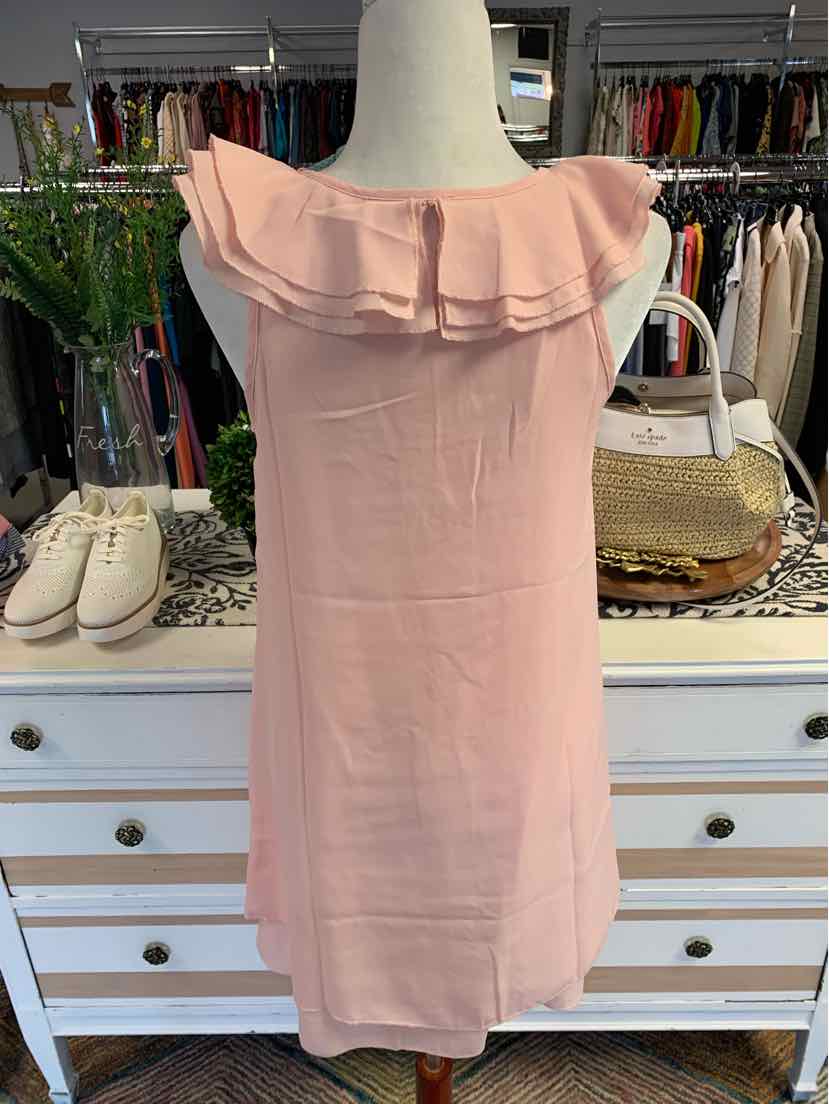 Pink sleeveless dress with ruffled neckline on mannequin in boutique setting.