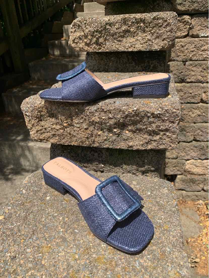 Blue textured slip-on mule with a square buckle detail and low block heel, size 6.5.