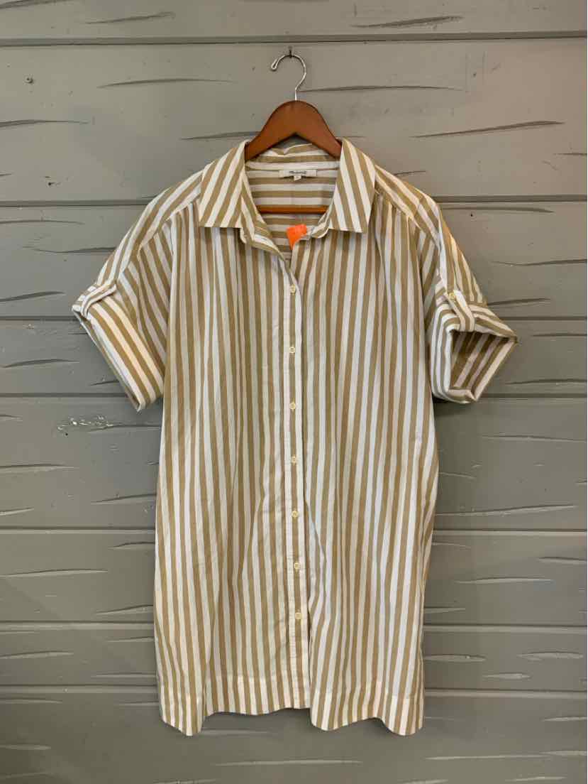 Tan and white vertical striped shirt dress with rolled short sleeves and collar, hanging on wooden hanger.