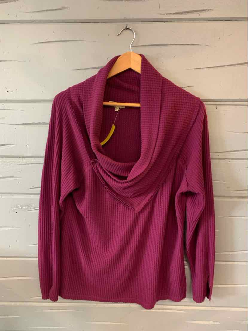 Long-sleeve plum sweater with a draped cowl neck and soft waffle-knit texture in XL size.