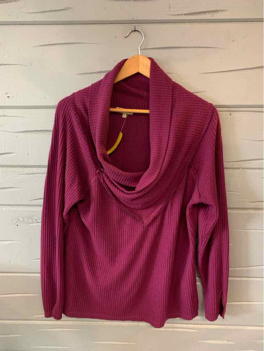 Long-sleeve plum sweater with a draped cowl neck and soft waffle-knit texture in XL size.