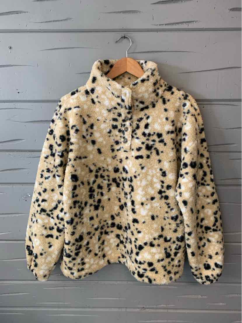 Beige and black cheetah print fleece pullover jacket with high collar and long sleeves.