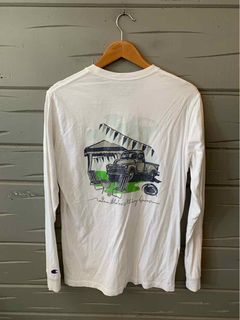 White long-sleeve t-shirt with a graphic of a black vintage camper van and green grass on the back.