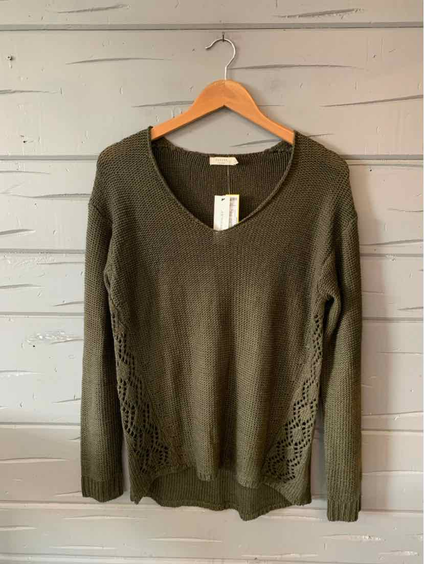 Olive green knit sweater with V-neck and long sleeves, medium size, featuring textured side patterns.