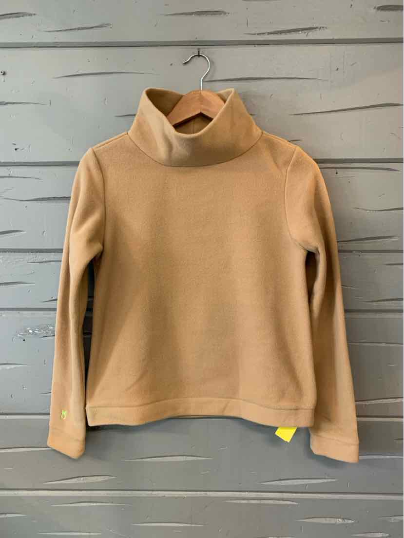 Tan long-sleeve pullover with high collar and fitted cuffs in soft fabric, size XS.