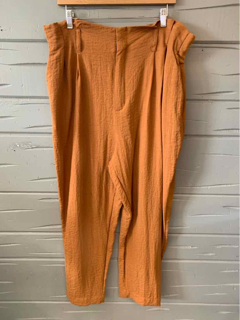 Plus-size burnt orange high-waist pants with a paperbag waist and textured fabric.