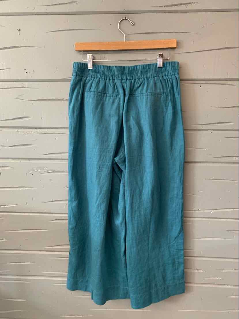 Teal linen wide-leg pants with elastic waistband, size 10.
