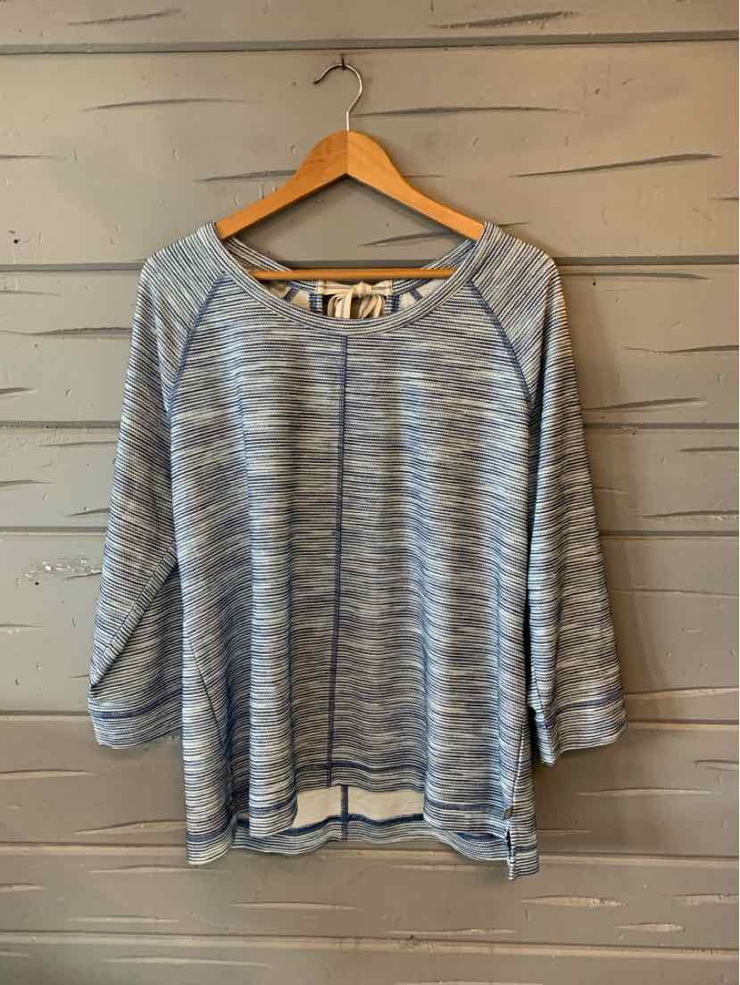 Light blue and white marled knit long-sleeve pullover with scoop neckline and relaxed fit.