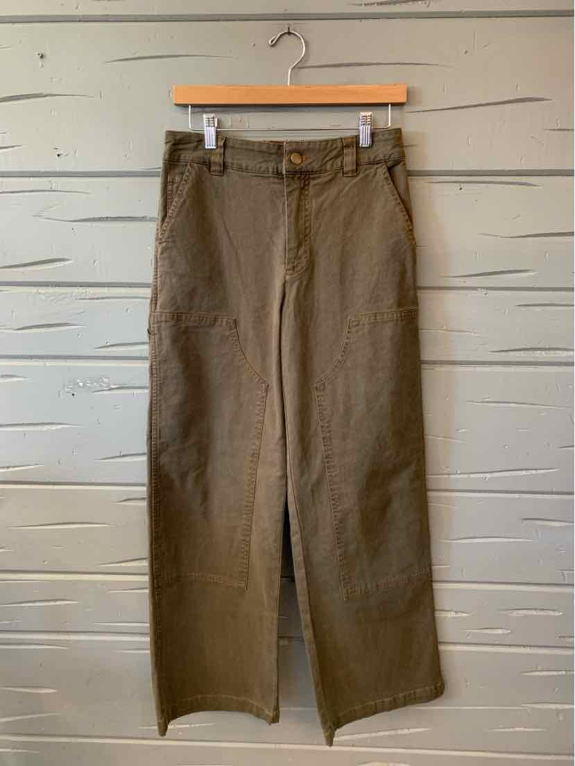 Olive green high-waisted trousers with belt loops, front pockets, and wide straight legs.
