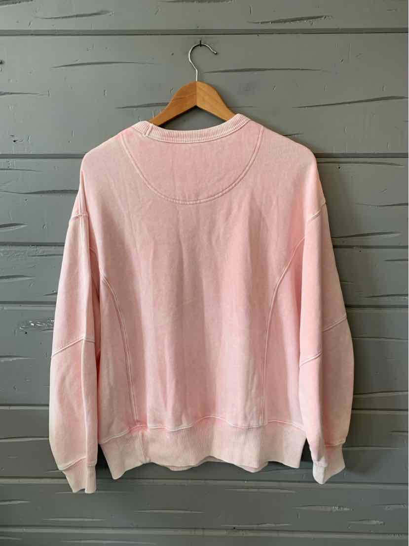 Light pink long-sleeve sweatshirt with ribbed cuffs and hem hanging on wooden hanger.