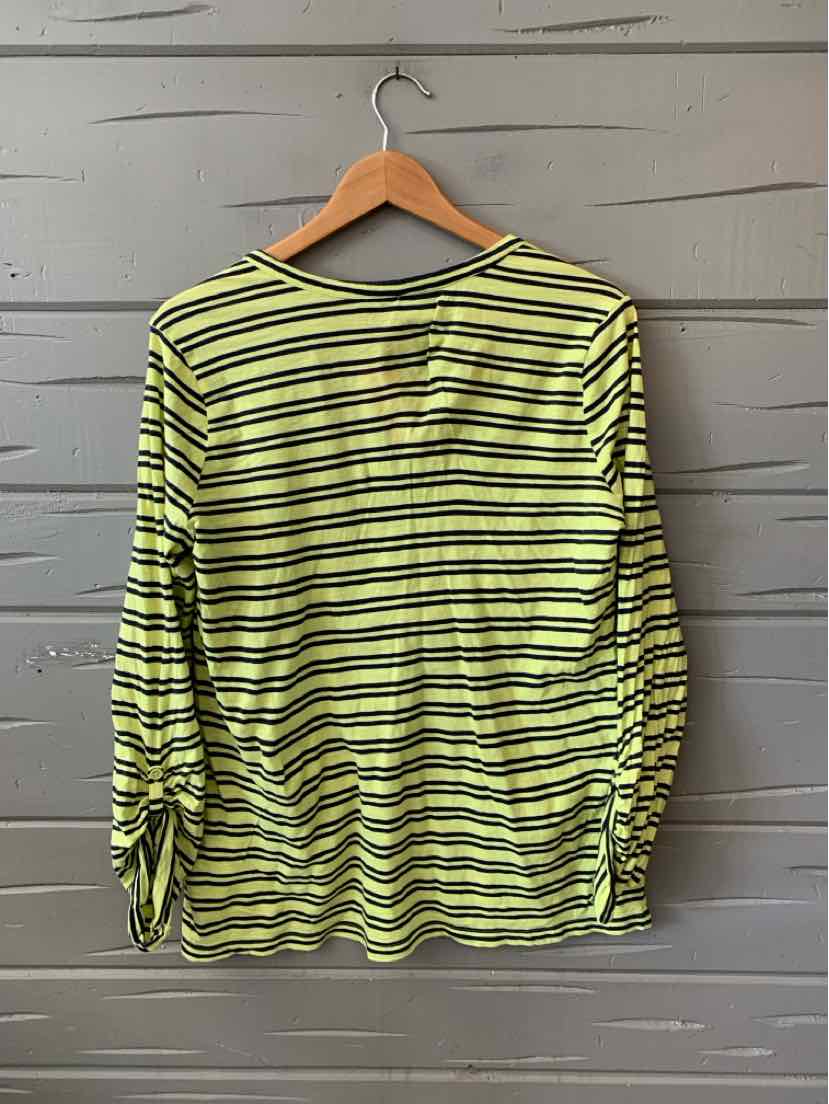 Long-sleeve lime green top with black horizontal stripes and gathered sleeve details hanging on wooden hanger.