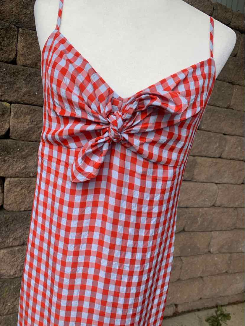 Red and white gingham slip dress with ruched front tie and thin spaghetti straps, size 8.