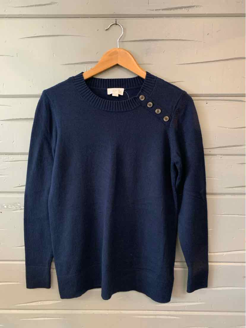 Navy blue long-sleeve knit sweater with crew neck and three shoulder buttons.