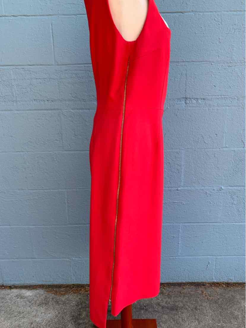 Red sleeveless midi dress with side zipper and fitted silhouette.