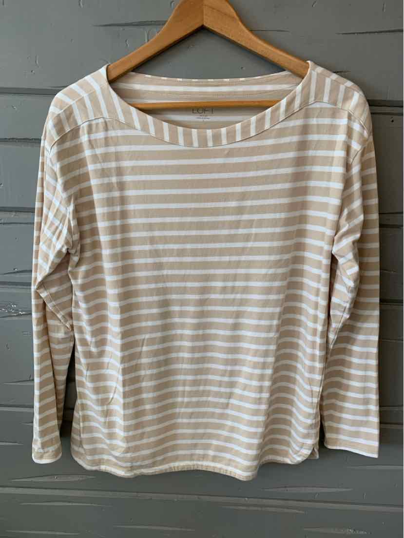 Tan and white striped long-sleeve shirt with a wide neckline and relaxed fit on wooden hanger.