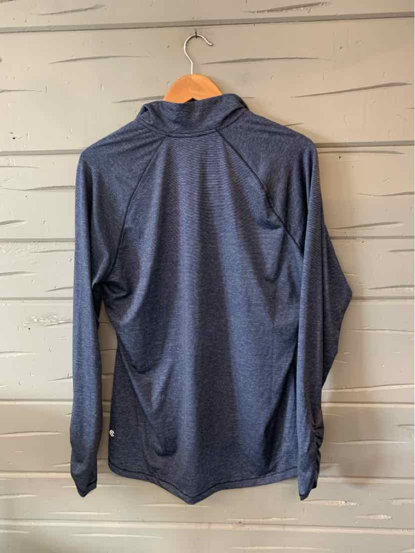 Dark blue long-sleeve quarter-zip pullover with high collar and subtle texture.