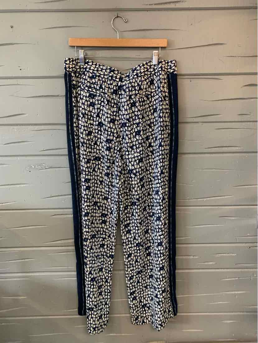 White and black patterned pants with navy side stripes, straight-leg cut, size 16.