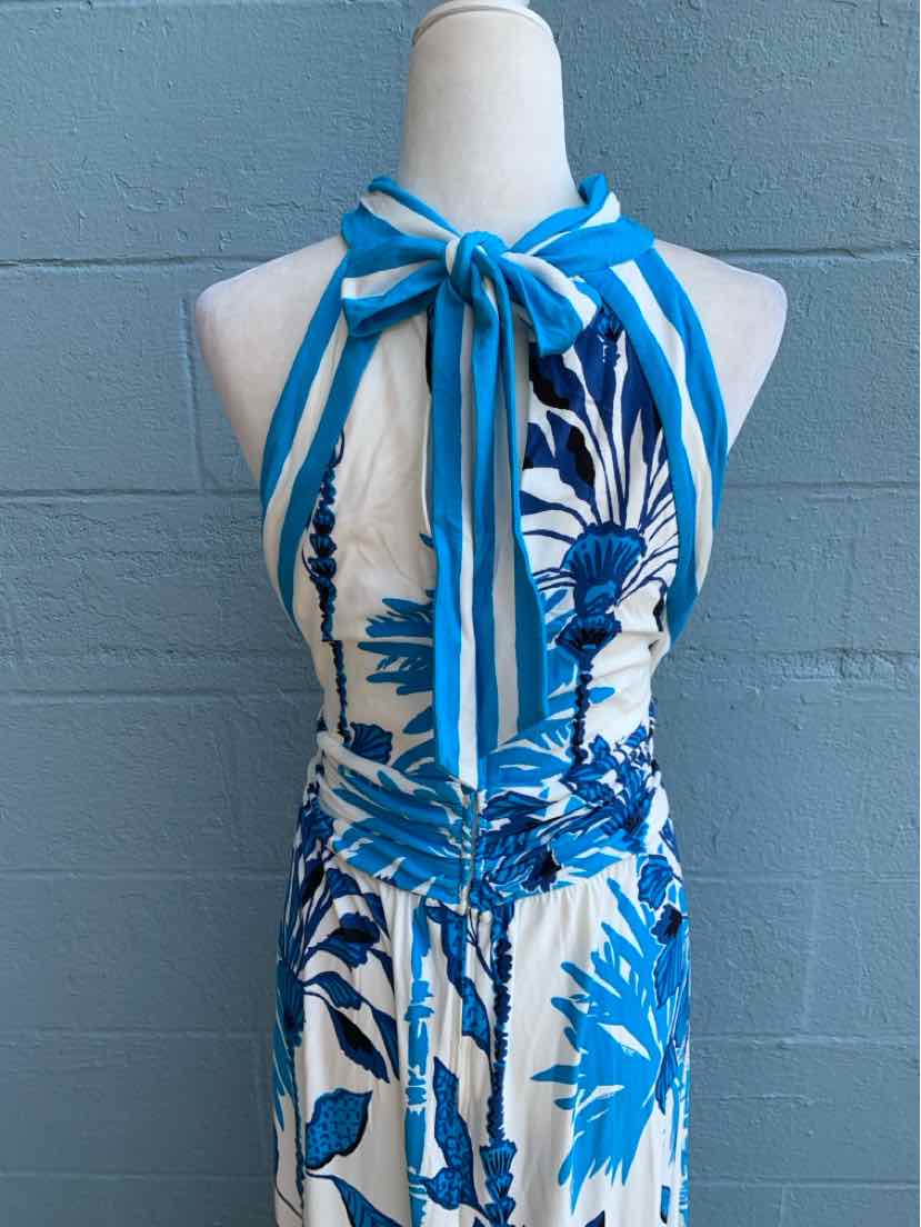 Blue and white halter neck dress with tropical floral print and tie closure at neck, size 14.