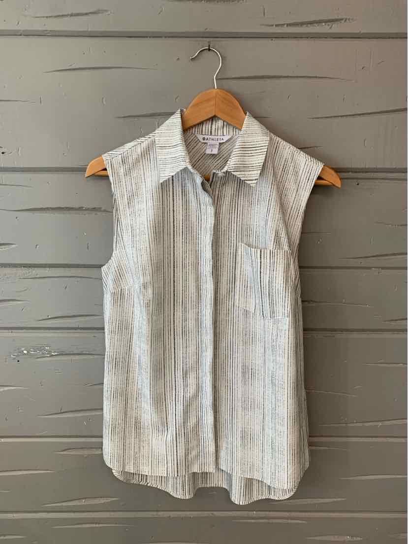 White sleeveless button-up blouse with vertical gray stripes and front chest pocket.