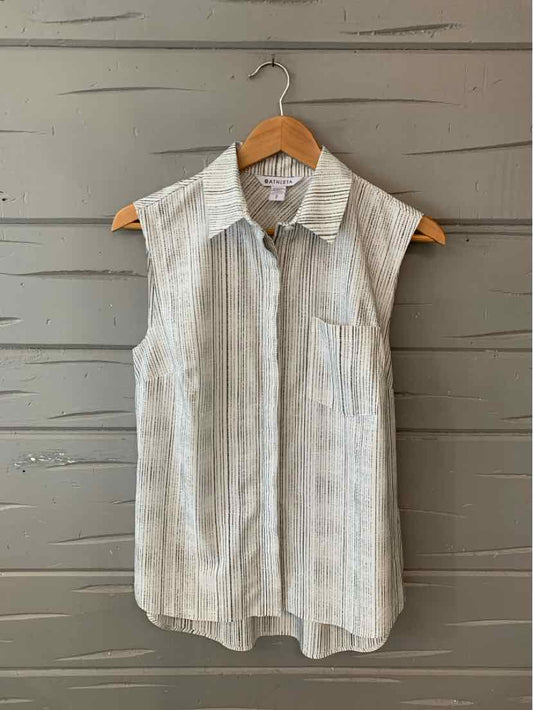 White sleeveless button-up blouse with vertical gray stripes and front chest pocket.