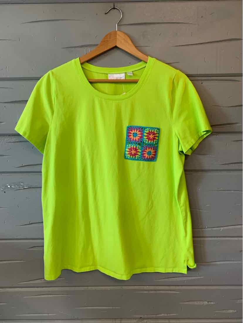 Bright lime green short-sleeve shirt with round neck and colorful crocheted pocket on left chest.