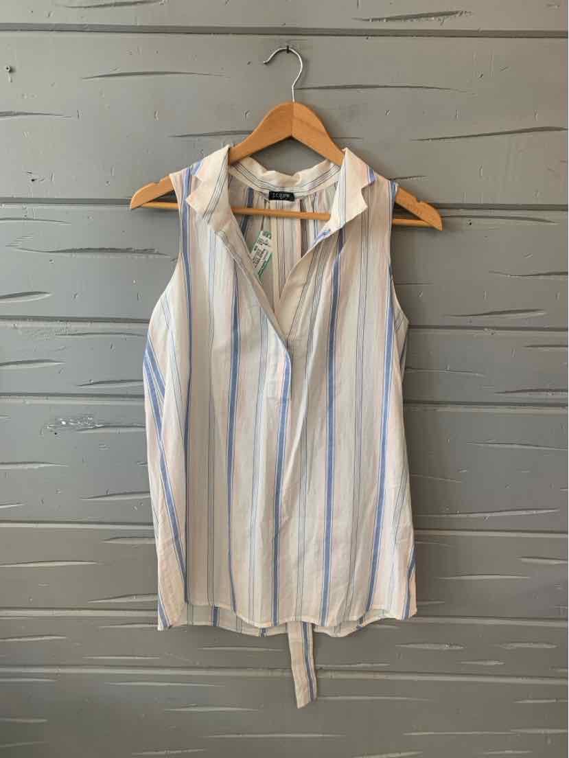 Sleeveless white blouse with blue and beige vertical stripes and front button placket.