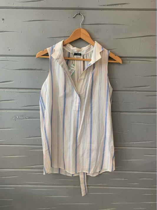 Sleeveless white blouse with blue and beige vertical stripes and front button placket.