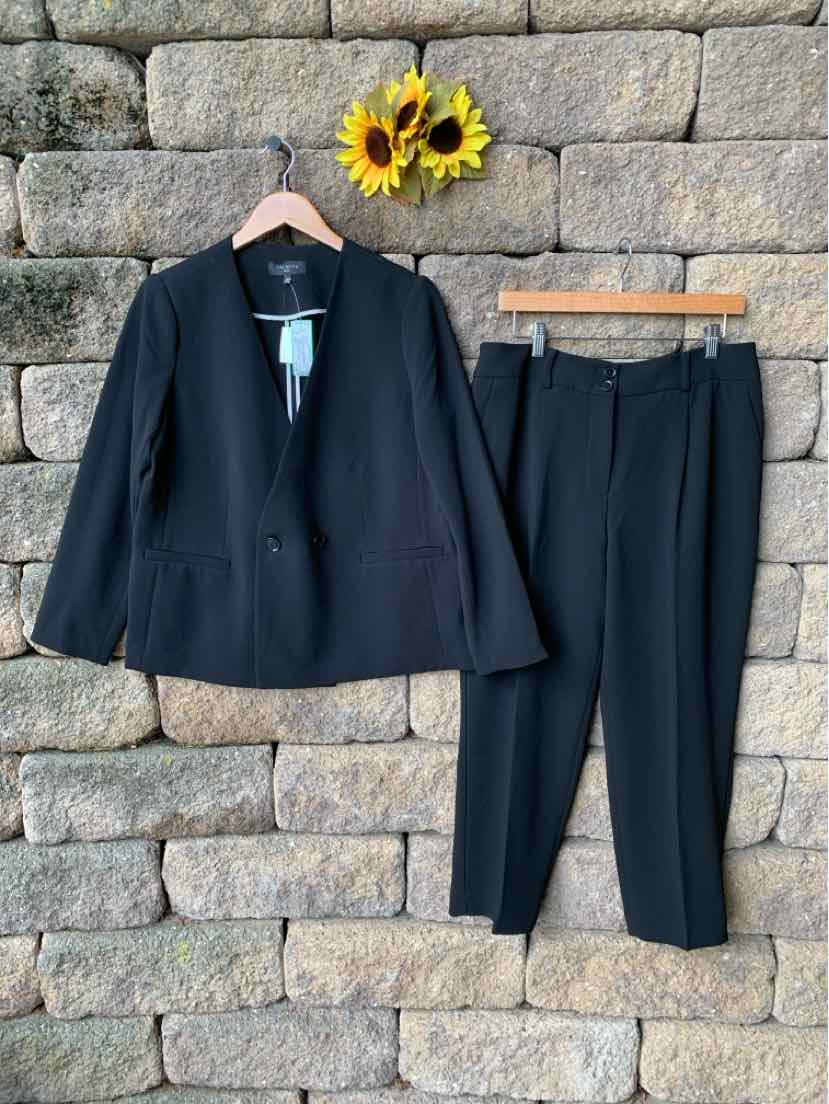 Black tailored two-piece women's suit with blazer and straight-leg trousers, size 12P.