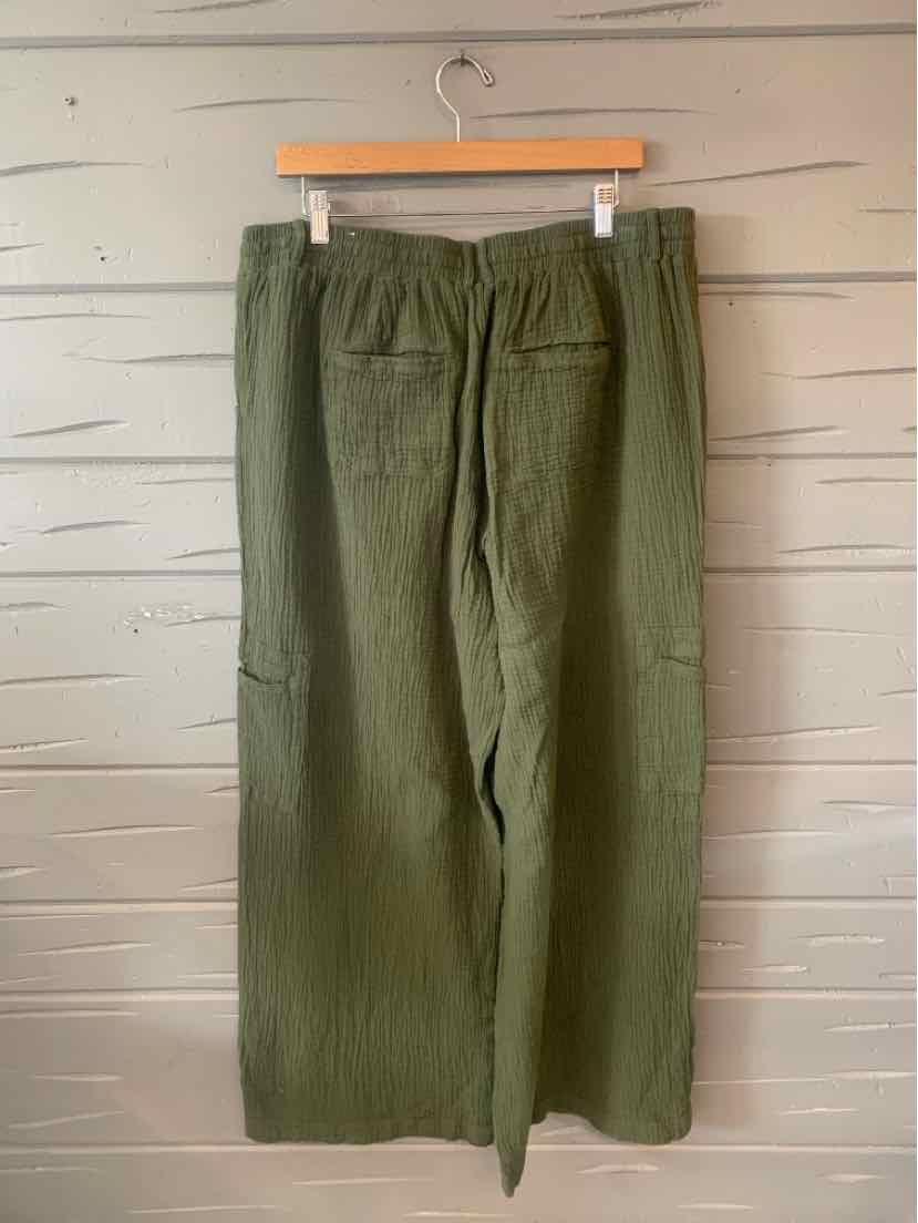 Olive green wide-leg pants with back patch pockets and a textured fabric hanging on a wooden hanger.