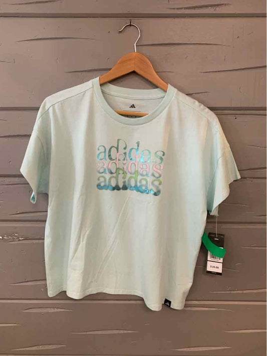 Teal Adidas oversized T-shirt with reflective multicolor logo on chest and crew neck, size XL.