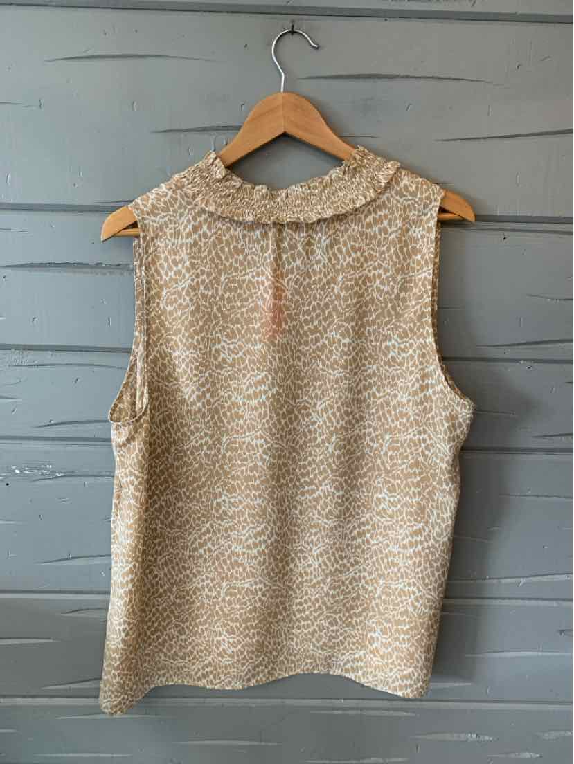 Sleeveless tan cheetah print blouse with ruffled collar, loose fit, size XL.