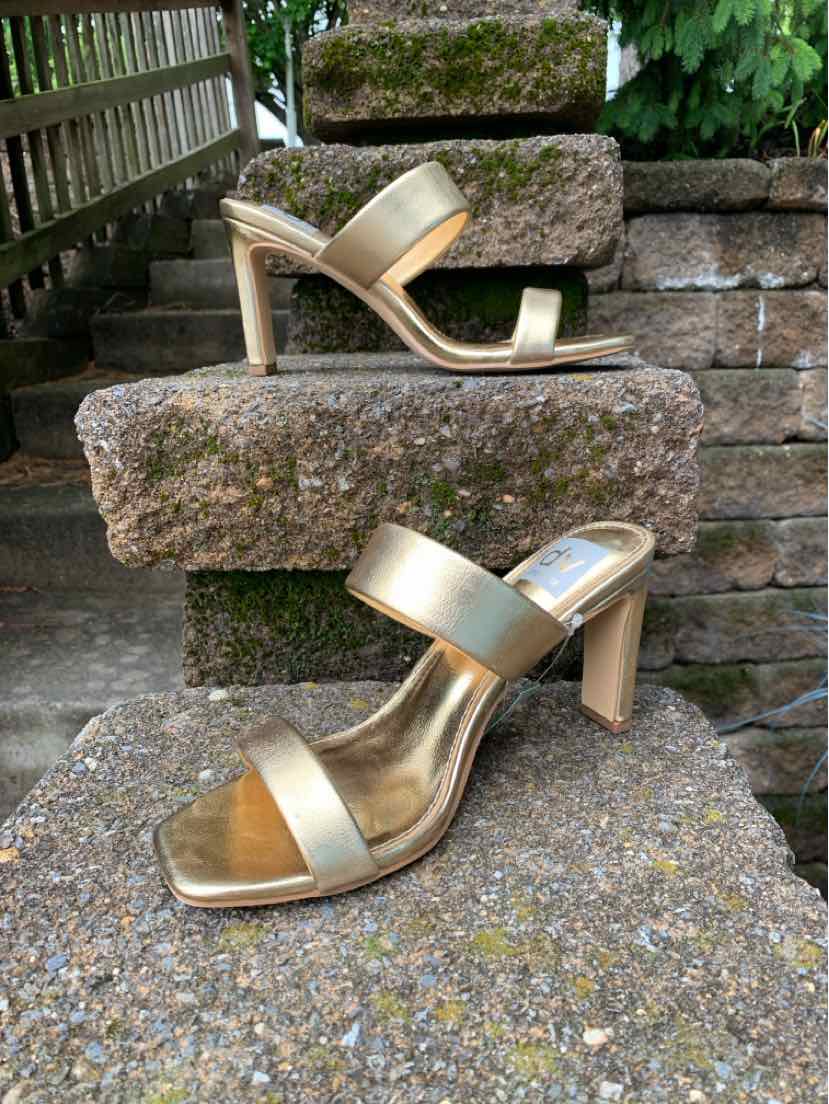 Gold metallic open-toe block heel sandals with double straps, size 6.5.