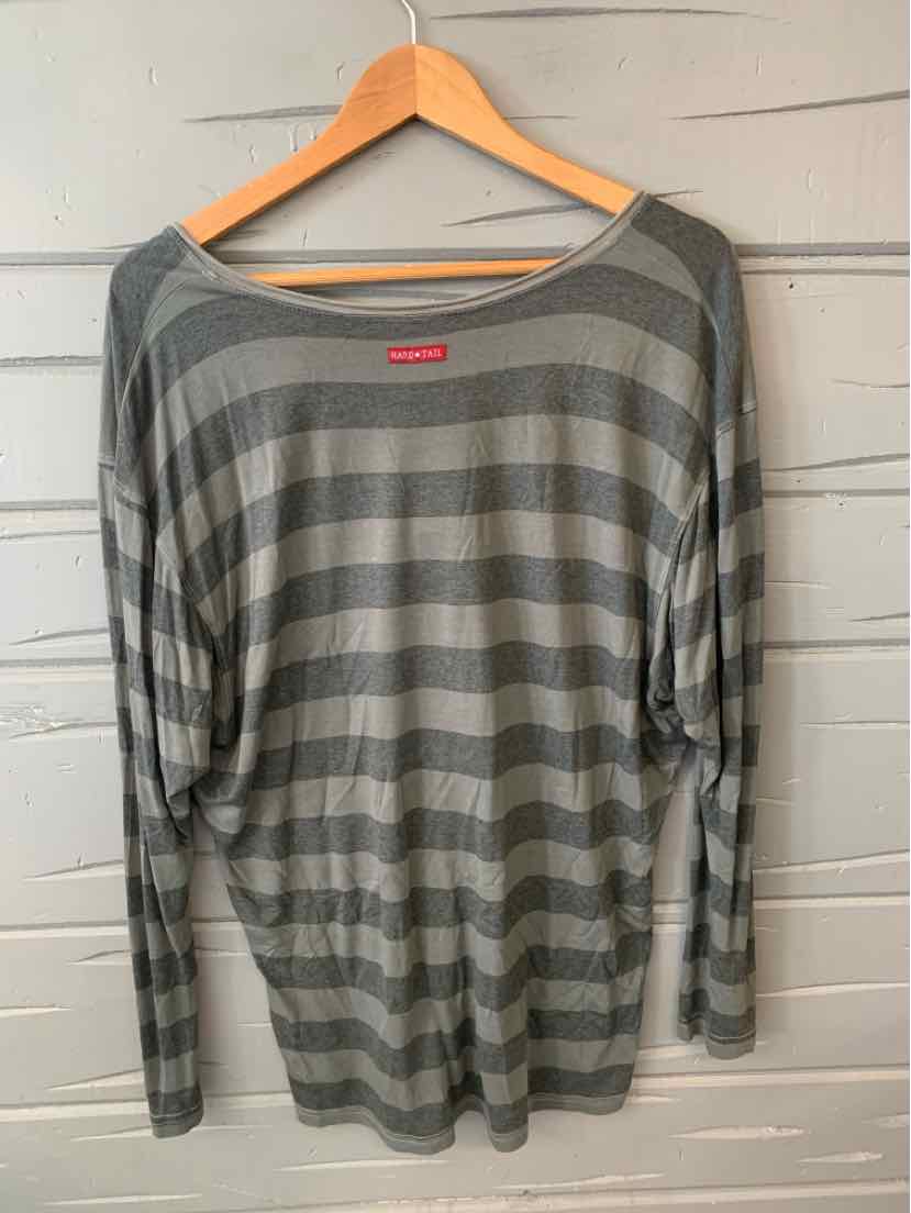 Long-sleeve gray and olive green striped soft knit top with wide boat neckline on wooden hanger.