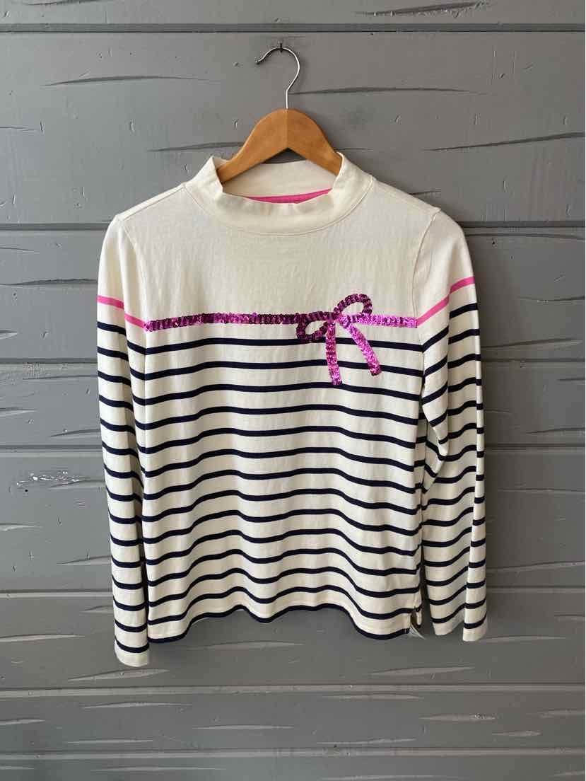 Long-sleeve white sweater with navy stripes, pink horizontal line, and pink bow detail on the chest.